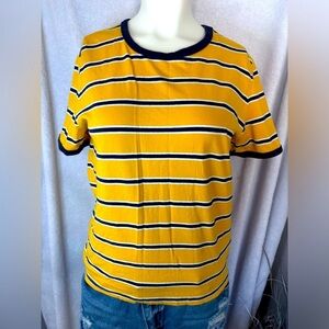 Forever‎ 21 Striped T-Shirt Yellow Blue Crew Neck Short Sleeve Large